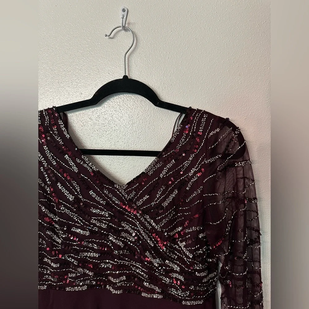 J Kara Womens Petite Beaded Gown Wine Multi 3/4 Sleeve Formal Dress 8P 5045WMP - Picture 3 of 5